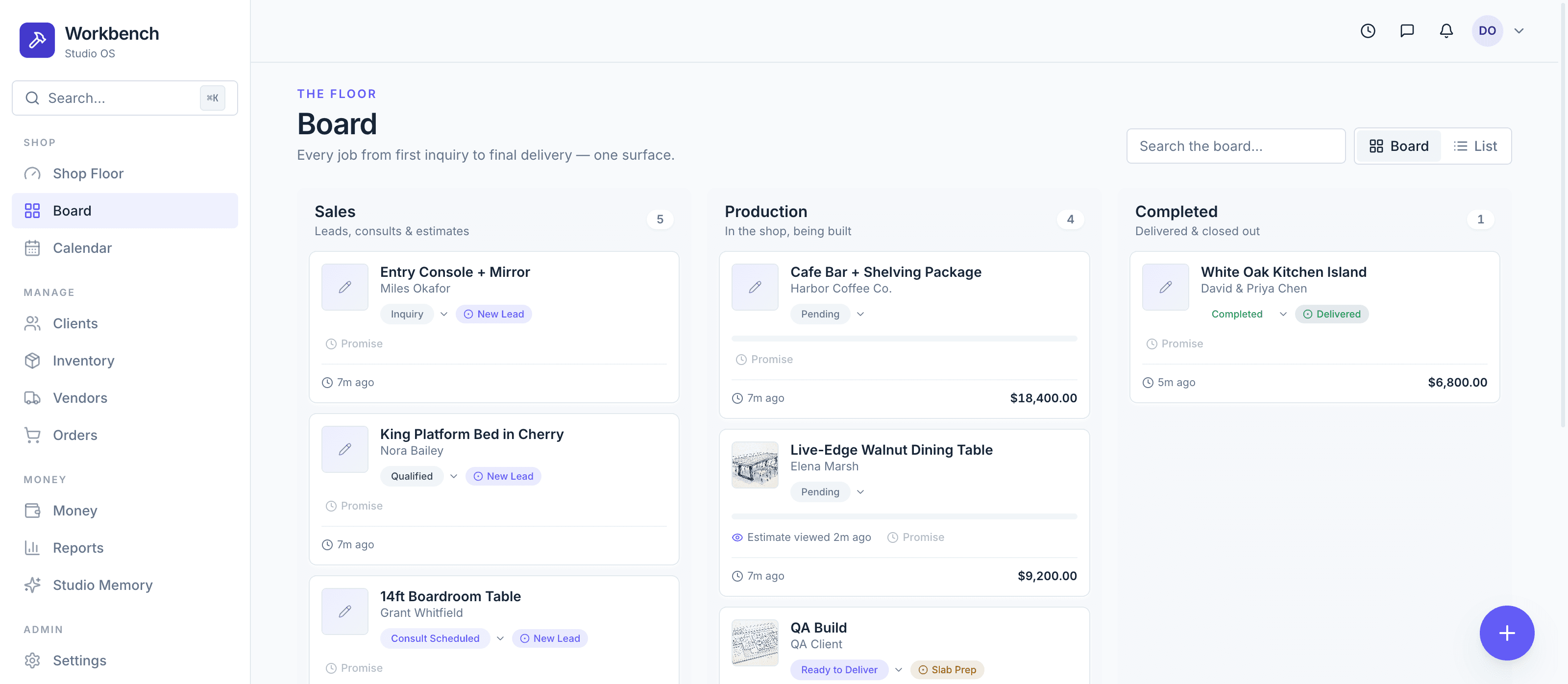 The Workbench board — every job from first inquiry to final delivery