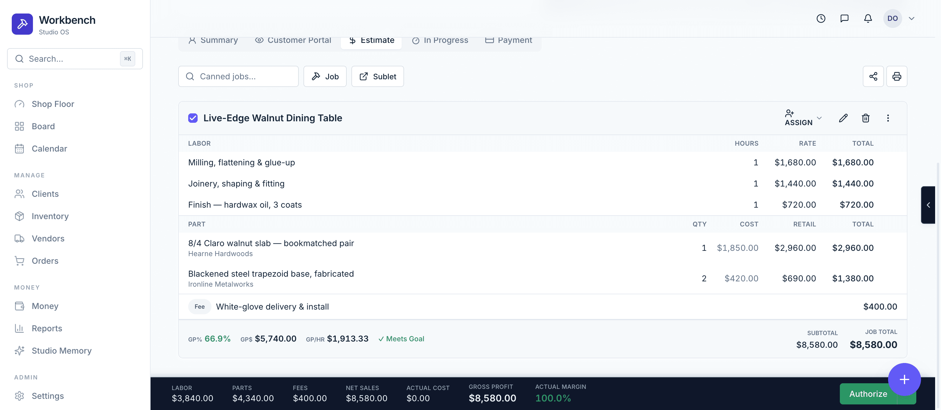 Workbench estimate editor with labor and part lines, gross profit, and authorize button