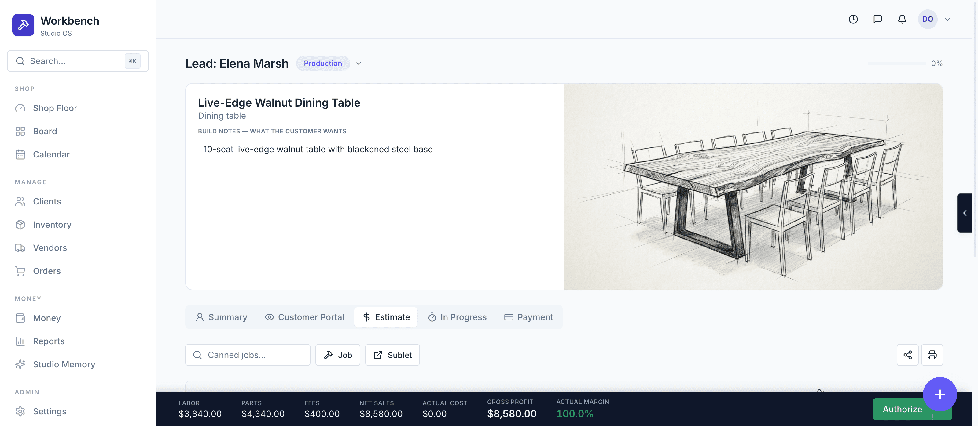 Workbench job page with customer build notes and an AI-generated concept sketch of a dining table
