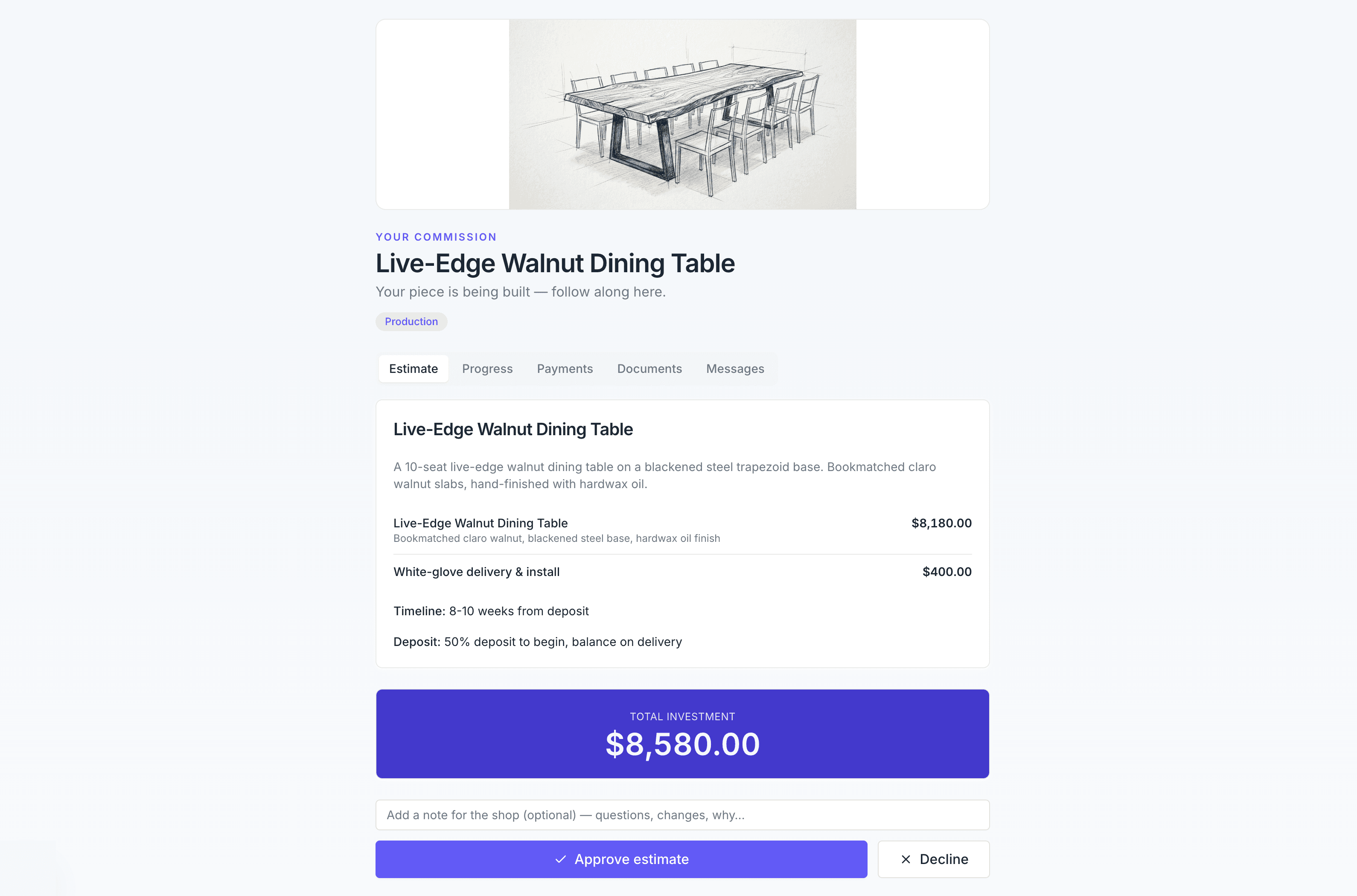 Workbench client portal showing an estimate with approve and decline buttons